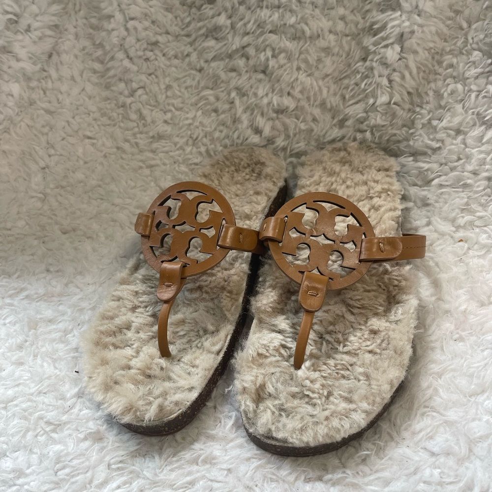 Tory Burch Miller Cloud Shearling Leather tan Sandals SZ10M